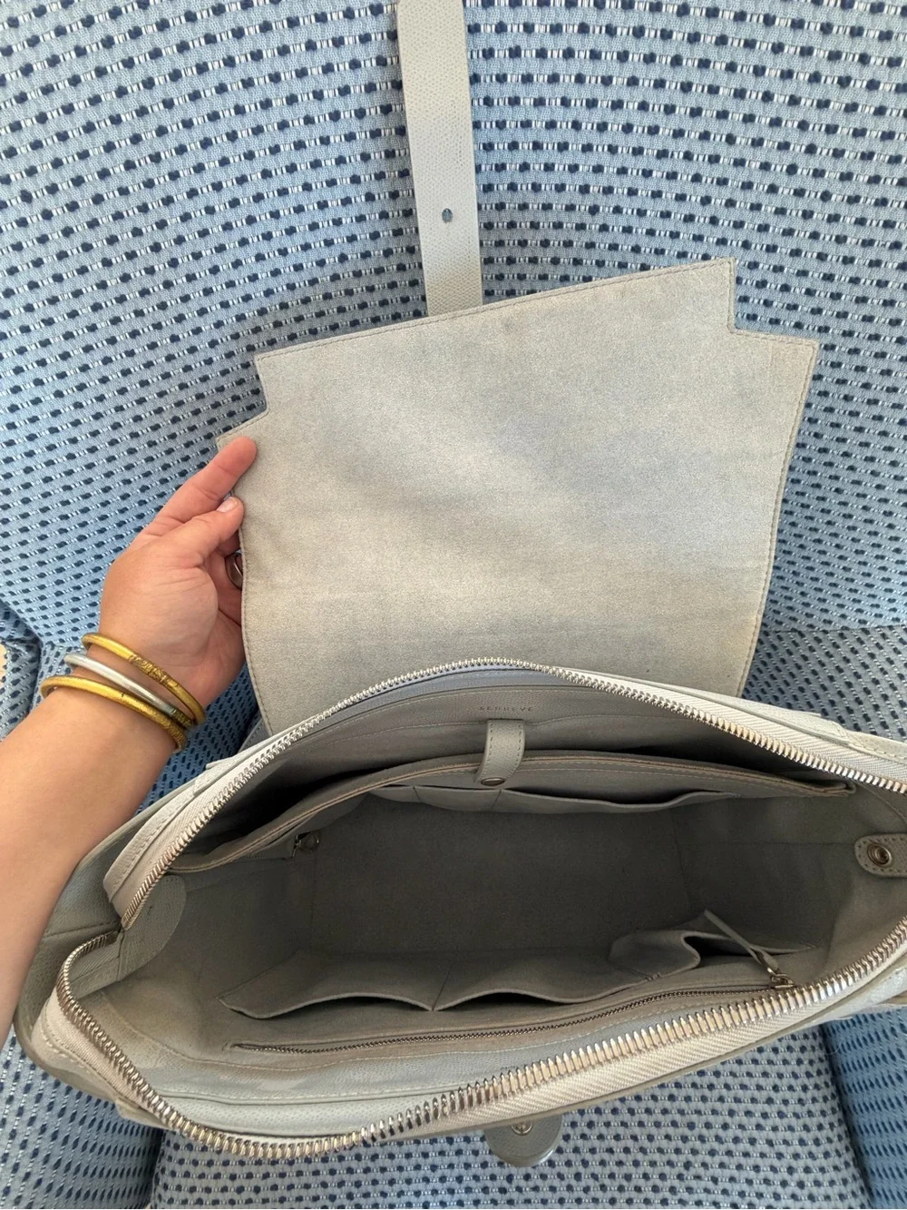 Senreve Pebbled Leather Tote in Light Gray with Blue Scarf